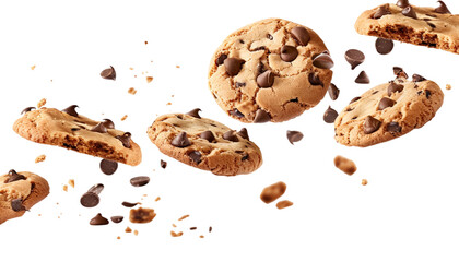Obraz premium Flying Chocolate Chip Cookies Crumble Effect With Transparent Background