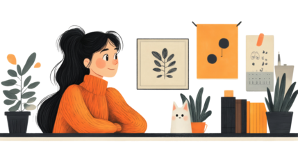 Young woman at desk with cat illustration