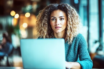 Young caucasian woman with curly hair working on laptop in modern office setting