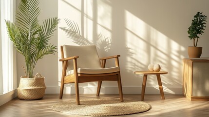 Fototapeta premium Sun-drenched living room corner with a wooden armchair