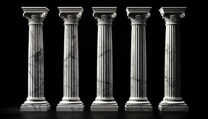 Classical white marble columns with intricately carved capitals stand on a dark floor against a black background.