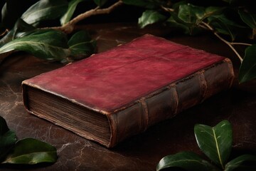 Antique book with burgundy leather cover on dark wood surface.