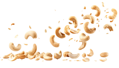 Flying Cashew Nuts Whole And Sliced Falling On Transparent Background

