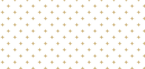 Golden vector seamless pattern with small diamonds, star shapes, rhombuses. Abstract gold and white geometric texture. Simple minimal wide repeat background. Luxury design for decor, wallpaper,