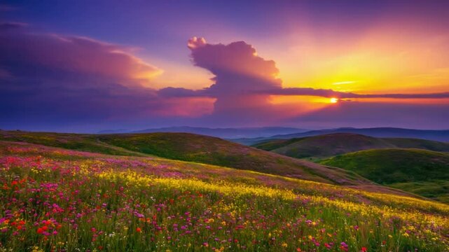 Serene sunset landscape with rolling hills. Ideal for nature and peaceful themes.