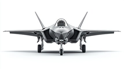 Fototapeta premium Sleek, gray military jet with angular design on white