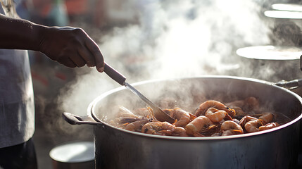  Preparing seafood gumbo at an outdoor cooking station during a music festival 