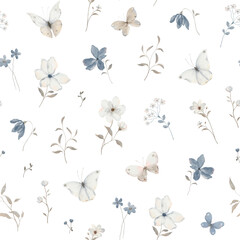 Pattern with abstract wildflowers and flying butterflies, isolated watercolor seamless print for delicate textile or wallpapers. Decoration hand drawn illustration with design elements.