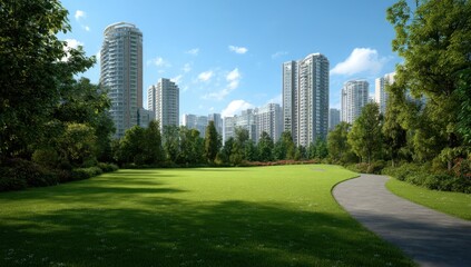 Obraz premium Park greenery with city skyline skyscrapers