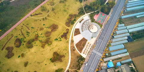 Aerial photography of riverside park green space
