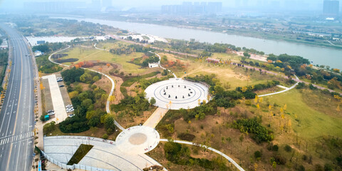 Aerial photography of riverside park green space