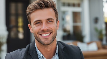 Naklejka premium A cheerful young man smiling confidently, showcasing a positive lifestyle indoors.