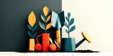 National Garden Week Colorful abstract gardening tools with stylized plants on two-tone background