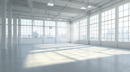 Modern, empty industrial space with city views.
