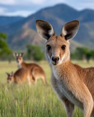 Fototapeta premium Kangaroo in a grassy field, mountains in background