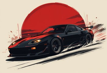 Black sports car racing with red sun backdrop in dynamic stylized artwork.