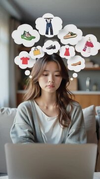 Young woman with an expressive contemplation face thinking about shopping, what to buy. Floating thought clouds appear around her head, shopping items simple icons like clothes, shoes accessories.