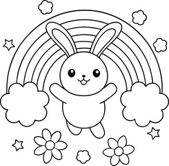 A Bunny Jumping Over A Rainbow With Clouds And Flowers Coloring Pages