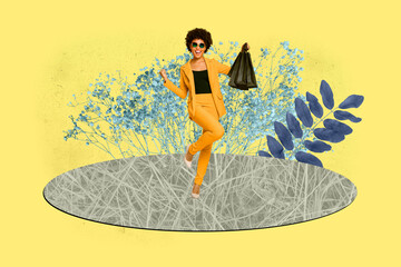Collage of stylish woman in yellow suit holding shopping bag with excitement symbolizing Black...