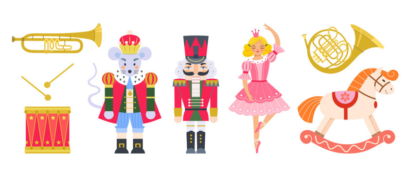Fairy tale nutcracker set with ballerina, mouse King, toy soldier and orchestral instruments. Christmas Holiday Vector cute flat Illustration with rocking horse, drum, trumpet, french horn.