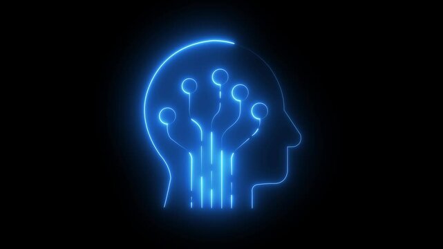 Glowing neon ai-brain icon isolated on black background. HD Video motion graphic animation icon artificial intelligence animation