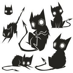 Dark Cartoon Devil Cat Character Set &ndash; Vector Illustration