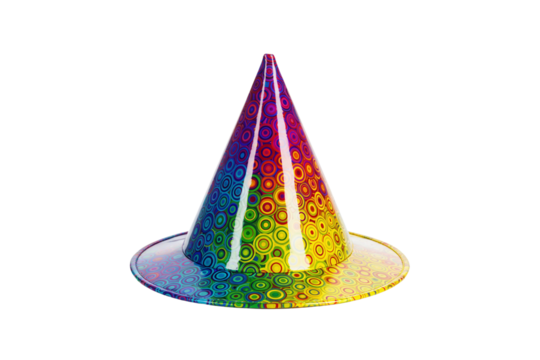 Shiny cone party hat with gradient rainbow colors and dense multicolored concentric circle pattern, isolated on transparent background—symbolizing celebration, fun, and festive decoration.
