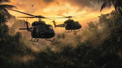 Two helicopters fly over a jungle sunset.