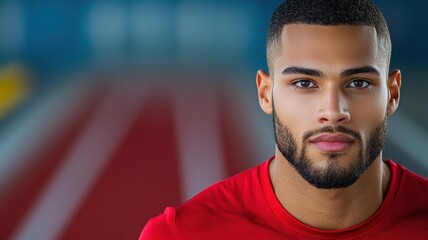 A focused male athlete in a red shirt stands confidently on a running track, exuding determination and strength.
