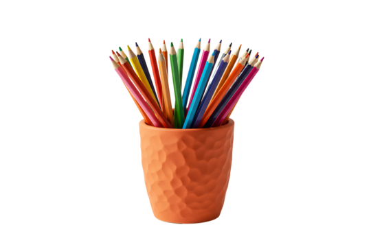 A textured orange holder overflowing with vibrant colored pencils arranged like a radiant rainbow bouquet, isolated on transparent background—symbolizing creativity, artistic flair, and expression.