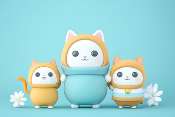 Cute cartoon cats in colorful outfits stand together against a pastel blue background with flowers
