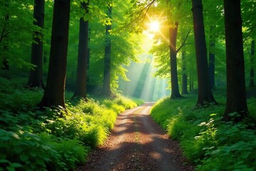 Obraz premium Sun-dappled forest path winding through lush green trees , peaceful, day