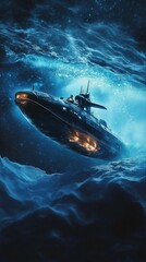 Fototapeta premium Submarine glides through dark, icy water.