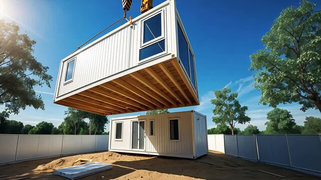 Crane lifting white shipping container home onto foundation, sunny day, trees around, modern construction, modular building, dirt site, white fence, clear sky
