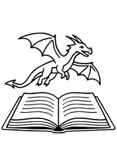 Naklejka premium Black and white vector of an open book with a dragon flying above the pages. Ideal for engraving, fantasy projects, and creative illustrations