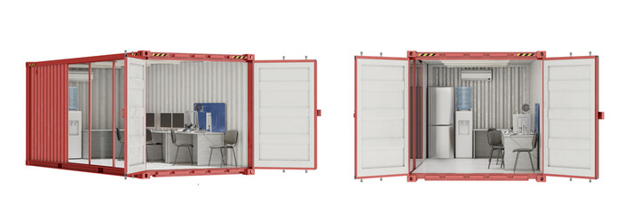 Compact container office interior with complete work set up. Isolated on transparent background. Set of views. 3D illustration.