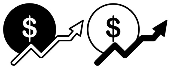 dollar icon with rising arrow, simple flat style, vector illustration symbol sign logo template pictogram, for ui or ux isolated on white for mobile app, editable
