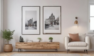 Cozy home, poster mockup on clips, white wall,  image,  presentation,  background