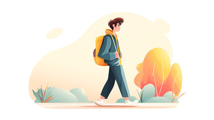 Young person walking with a backpack through a colorful autumn landscape, serene atmosphere