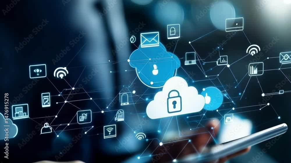 Poster person holding tablet showing cloud computing, security, digital information and communication netwo