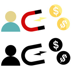 icon of person with magnet attracting money, flat style pictogram icon for ui or ux mobile app, vector illustration logo symbol design, isolated on white
