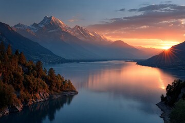 Fototapeta premium Majestic Mountain Sunrise over Lake