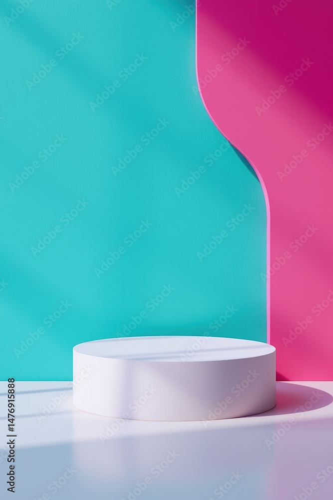 Poster circular platform on a colorful abstract background with cyan and magenta tones in studio setting
