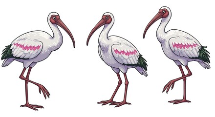 Obraz premium White Ibis Bird Illustrations Set in Three Poses