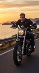 Obraz premium Mature Man Rides Motorcycle Along Coastal Road at Sunset Enjoying Scenic Highway Travel