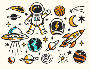 Hand-drawn space theme vector illustration set with UFOs, rockets, planets, stars, comets, and astronauts in a doodle art style.