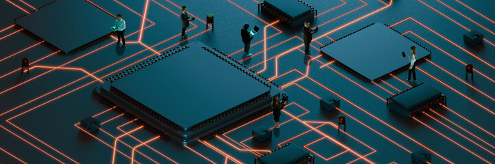 Colleagues network on glowing processor communication grid, circuit symbolizing innovation and digital flow. Concept of communication, network, business, technology. Composite collage