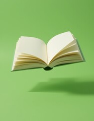Open book with blank pages floating in mid-air on green background.