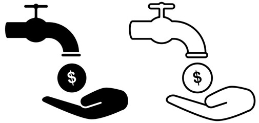 money tap with faucet and coin drop icon, flat style pictogram icon for ui or ux mobile app, vector illustration logo symbol design, isolated on white