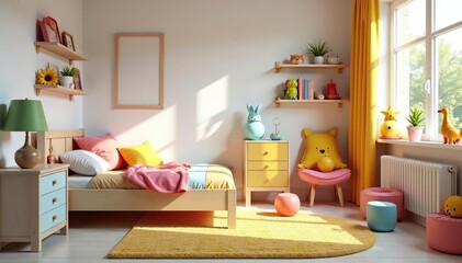 Bright, cheerful kids' bedroom with colorful decor and toys , home decor, carpet